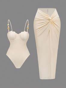 Bonvoyette 2 件女式夏季新款纯色贝壳包可调节肩带连体泳衣，带长裙，性感优雅度假简约连体泳衣 - 杏色 - 查看 4