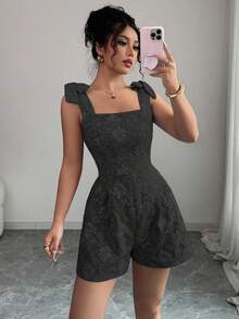 Elenzga 女士无袖方领蝴蝶结纹理面料连体裤，适合音乐节 - 黑色 - 查看 1