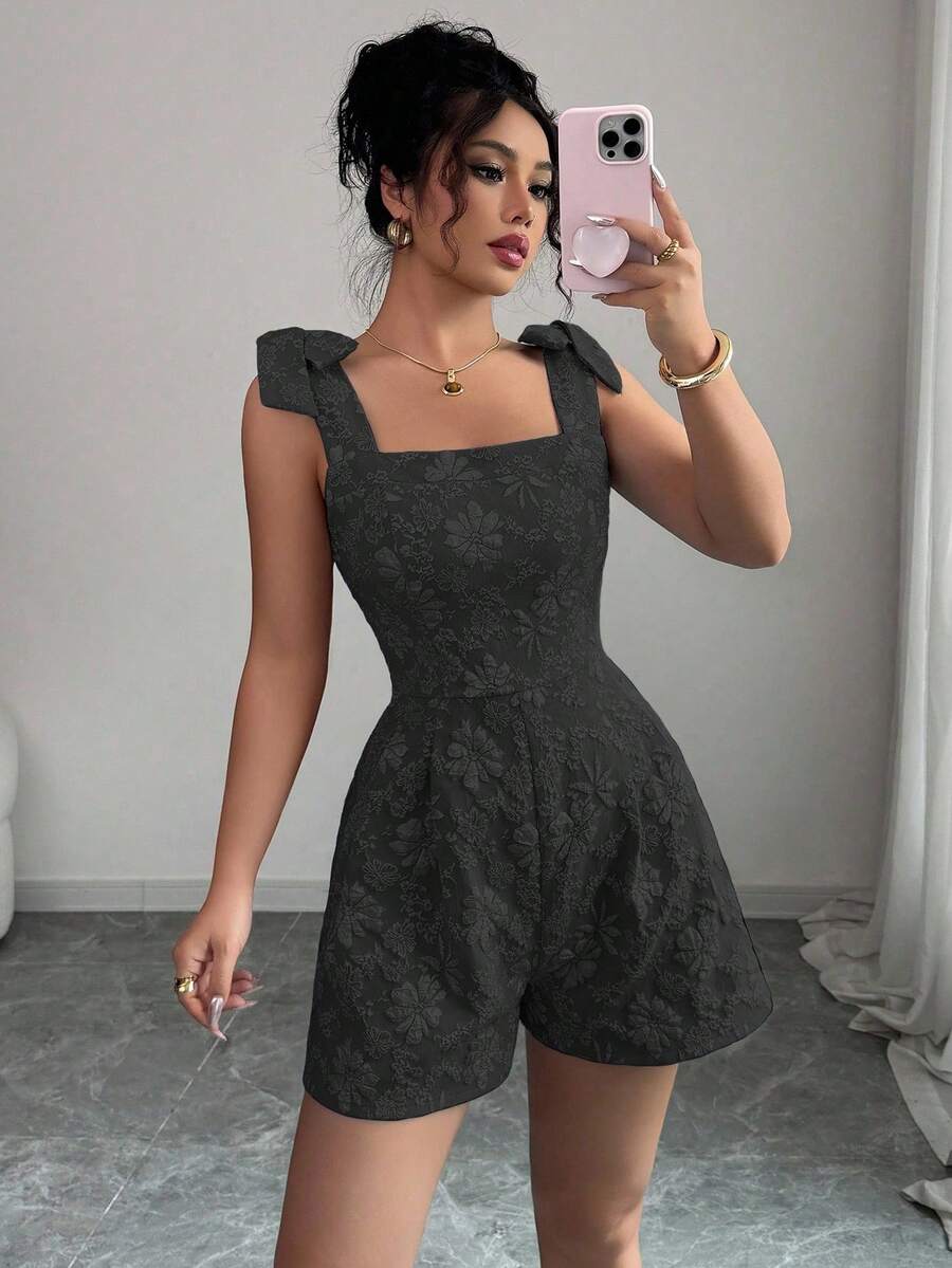 Elenzga 女士无袖方领蝴蝶结纹理面料连体裤，适合音乐节 - 黑色 - 查看 1