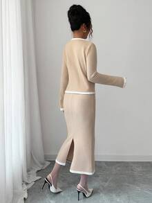 Elenzga Damen Herbst/Winter Neue Bequeme Strick Khaki V-Ausschnitt Langarm Patchwork Hochwertige Spitze 3D Rose Eleganter Elastischer Bund Vielseitiger Einfacher Pullover & Rock Business Lässig Chic Outfit - Khaki - Übersicht 2