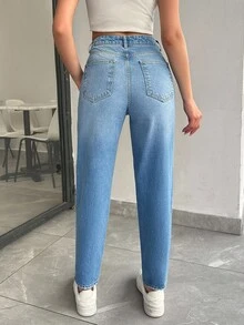 SHEIN Cottnline 100%纯棉休闲破洞锥形牛仔裤 - 淺色水洗藍 - 查看 2