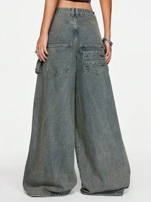 ROMWE Grunge Punk Quần jeans nữ cạp thấp dáng rộng phong cách Punk Streetwear - Màu xanh lam - Xem 3