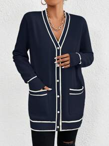 EMERY ROSE Casual Color Block Trim Dual Pocket Cardigan, Spring/Autumn Fall Winter Cloth For Women - Navy Blue - View 6