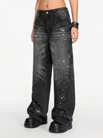 J-Fashion Vintage Subculture Retro Distressed Ripple Rhinestone Design Women Loose Low Waist Jeans