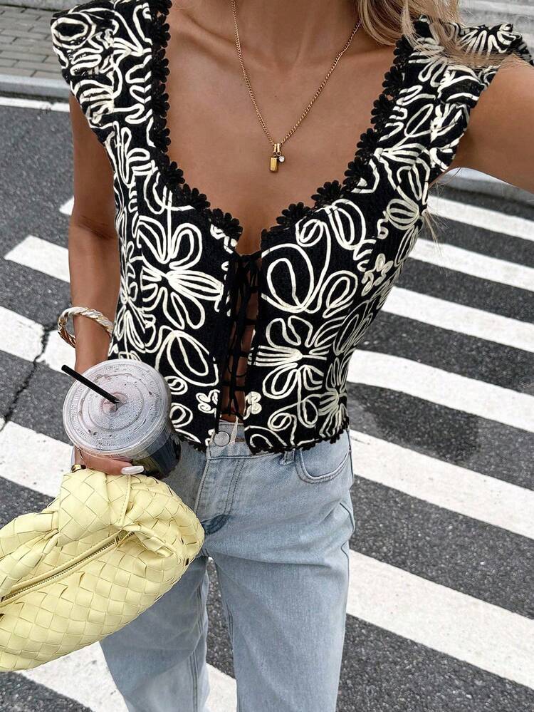 Serisse Blusa de moda con estampado minimalista y mangas cortas para mujer - Negro - Ver 4