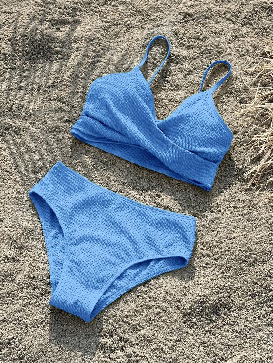 SHEIN Bộ đồ bơi hai dây dệt kim trơn màu cho bé gái tuổi mới lớn, mùa xuân/hè - Màu xanh lam - Xem 1