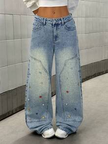 StreetHx Women's Street Style Rhinestone Embellished Low-Rise Baggy Jeans