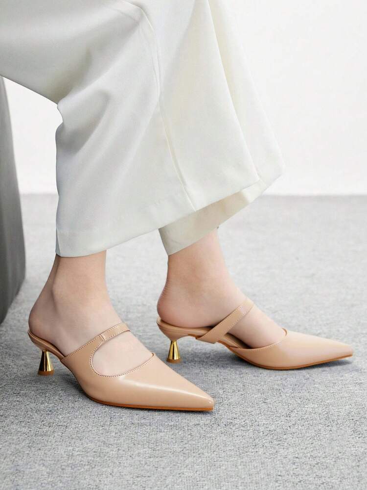 CUCCOO BIZCHIC Zapatos tipo mules de punta fina para mujer, color albaricoque para ir al trabajo, fiesta o de uso diario, tacón alto y sin talón trasero