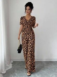 Elenzga Ladies' Elegant Vacation And Casual Summer Leopard Print Jumpsuit