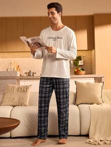 Manfinity Underwear&Sleepwear Basics Men's Basic Multicolor Plaid Knitted Loungewear Pajama Pants, Long Straight Leg Bottoms With Pockets, Winter