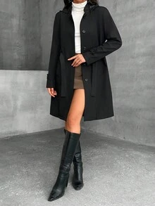EURMUSE Women's Long Fit FW Fashion Belted Hooded Regular Coat - Black - View 4