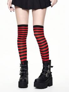 ROMWE Grunge Punk 1 Pair Gothic Style Red & Black Striped Thigh High Socks - Multicolor - View 1