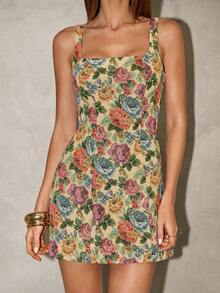 SHEIN BAE 花卉提花无袖收腰优雅女士连衣裙，适合日常穿着、约会、派对、鸡尾酒会、浪漫约会、聚会、正式活动、伴娘礼服、晚间外出、秋冬季 - 彩色 - 查看 6