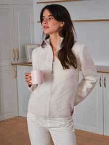 EURMUSE Damen einfarbige Strickjacke aus haarigem Garn mit Reißverschluss - Creme - Übersicht 4