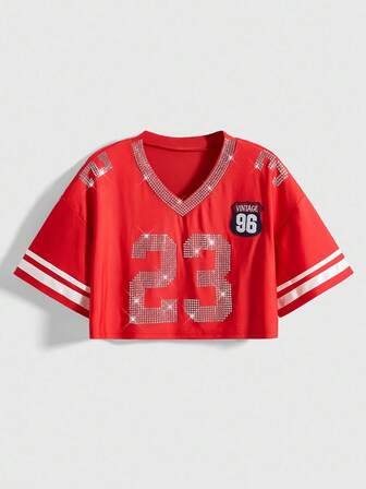 ROMWE Avant Camiseta de mujer de manga corta con cuello en V, detalles de strass y estampado de rayas