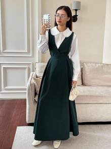 橄榄绿色简约图案长袖衬衫和连衣裙两件套，适合少女 - 墨綠色 - 查看 5