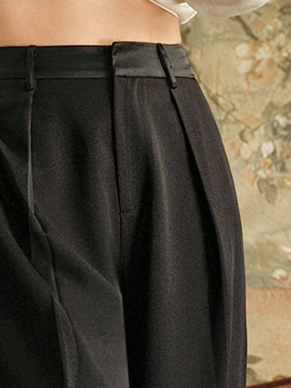Women's Fashionable Versatile Commuter Satin Patchwork Waistband Pocket Wide Leg Straight Suit Pants, Autumn/Winter