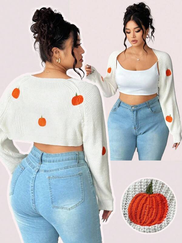 Elenzga Cardigan blanco de talla grande para mujer, top de punto de manga larga con calabaza bordada, suéter casual y lindo para uso diario en otoño, Halloween, invierno y otoño