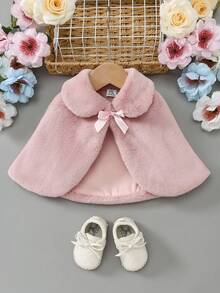 SHEIN 女婴秋冬新款白色蓬松保暖内衬舒适毛绒休闲日常可爱优雅外套斗篷