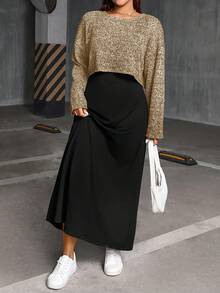 SHEIN Essnce 大码女装春秋季时尚休闲宽松舒适基础款日常灰色长袖露脐上衣和黑色马甲长裙两件套，春季服装，连衣裙套装，曲线套装，女士秋季服装 - 杏色 - 查看 4