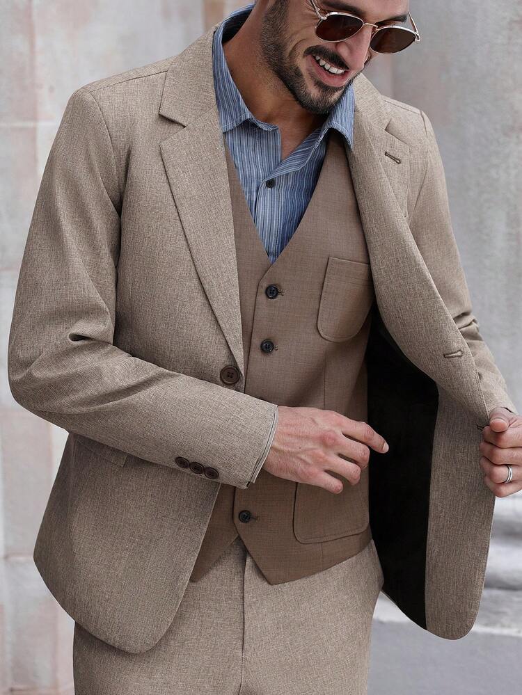 Manfinity Bizformal Conjunto de traje de negocios con cuello de solapa y botones delanteros para hombres en color caqui - Caqui - Añade 6