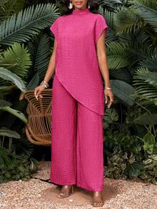 SHEIN Lady Bộ 2 món áo thun cổ lọ tay ngắn màu trơn cỡ lớn và quần dài - Màu Hồng Tươi - Xem 6