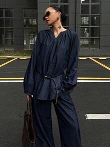 DAZY 秋冬新款宽松休闲复古风女装V领灯笼袖上衣和牛仔裤套装 - 藍色 - 查看 5