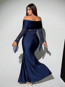 Viva Relle Plus Size Christmas Women's Off Shoulder Fashionable Sheer Flare Sleeve Solid Color Ruffle Dress - Blue - View 5