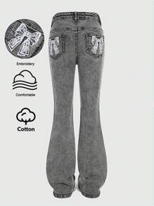 Jeans elásticos de cintura ajustable con bordado de lazo gris oscuro y copos de nieve, estilo urbano y callejero Y2K para niñas preadolescentes - Negro - Ver 3