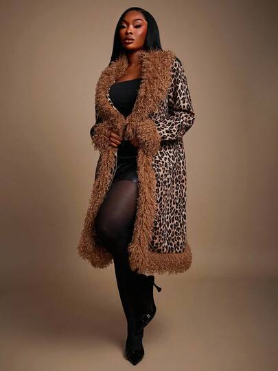 Radiana 大码女式性感优雅豹纹拼布仿毛领长外套，适合性感办公室风骚、舞会、舞会、情人节、邮轮装扮、通勤、商务
