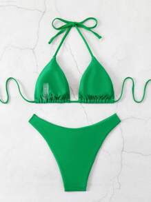 SHEIN Swim Set de bikini de cuello halter de unicolor para mujer con sujetador triangular para vacaciones, playa de verano - Verde - Ver 2