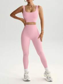 Easithlete Bộ đồ thể thao tập luyện cho nữ gồm 2 áo ba lỗ liền mạch và quần legging Bộ đồ thể thao tập luyện cho nữ Bộ đồ legging cho nữ - Hồng - Xem 6