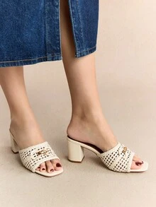 Rosivie Women's Retro One-Piece Square Toe Wooden Grain Thick Heel Brown French Mule Sandals, Fashionable For Dates, Stylish Outfits, Vacation & Casual Wear - Beige - View 9