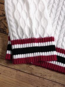 Manfinity Joysei 男士休闲拼布条纹装饰V领字母图案毛衣，秋冬 - 白色 - 查看 5