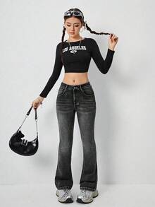 Sparklyn Teen Girls' Casual Washed Low Waist Slim Fit Flare Jeans Fall Winter