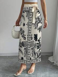 Elenzga 女士优雅花卉印花裹身系带直筒裙，度假风格 - 彩色 - 查看 4