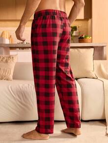 Manfinity Underwear&Sleepwear Basics Plus Size Plaid Print Elastic Waist Pocket Casual Lounge Pants For Men, Fall