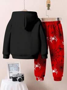 SHEIN Bộ 2 món Fearless Spider-Hero cho bé trai - Áo hoodie và quần nỉ thể thao, trang phục siêu anh hùng Halloween, từ trẻ mới biết đi đến trẻ lớn - Nhiều màu - Xem 4