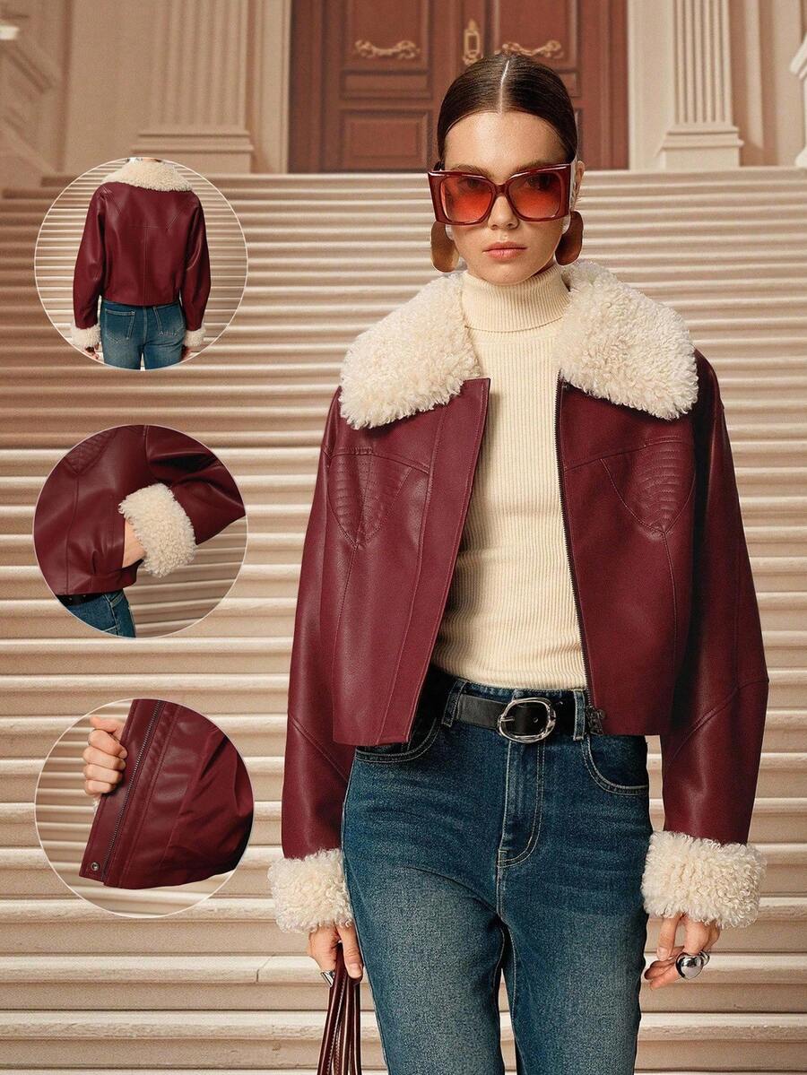 SHEIN Unity 女式仿毛领长袖PU皮革前拉链时尚夹克 - 酒紅色 - 查看 1