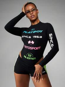 Missguided x Playboy 棉质赛车图案连体衣，长袖，复古赛车风格，立领，后背镂空设计，合身，比赛旗帜印花，运动服，现代时尚美学街头服饰，秋冬造型 - 黑色 - 查看 1