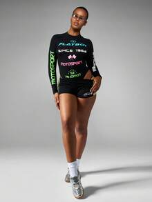 Missguided x Playboy 棉质赛车图案连体衣，长袖，复古赛车风格，立领，后背镂空设计，合身，比赛旗帜印花，运动服，现代时尚美学街头服饰，秋冬造型 - 黑色 - 查看 4