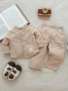 Blossori 男宝宝法式优雅立领纽扣前开衬衫和裤子套装 - 卡其色 - 查看 1