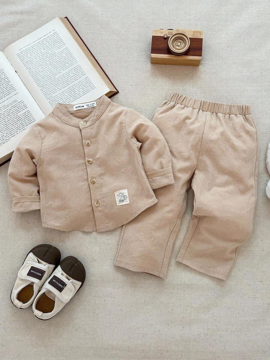 Blossori 男宝宝法式优雅立领纽扣前开衬衫和裤子套装 - 卡其色 - 查看 1
