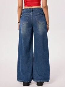 Rivivi Fashionable Double-Layer Waistband Plaid Patchwork Jeans - Light Wash - View 2