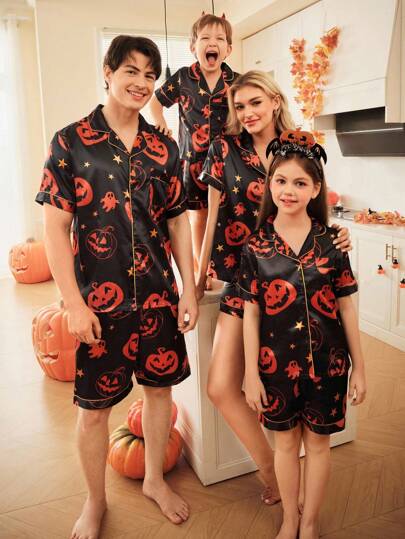 FamilyFrolics 2pcs Men Pumpkin Ghost Print Pajama Set, Halloween