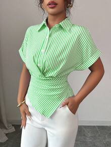 Elenzga 女士休闲通勤条纹系腰衬衫，夏季 - 綠色 - 查看 6