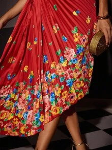 Glamance Whitebread Women's Floral Print Sleeveless Waist Hollow Design Pleated Elegant Dress Going Out Fall Elegant Dress Party