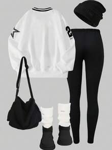 SHEIN Explorewe Ensemble 2 pièces pour filles pré-adolescentes Streecool, Top à col V imprimé numérique et leggings en tricot, confortable pour l'école et le quotidien, automne - Blanc - Voir 2