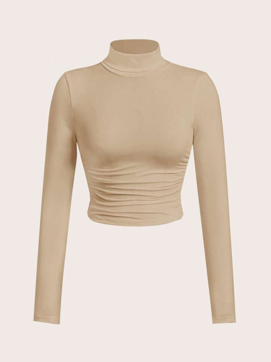 SHEIN EZwear 大码休闲卡其色针织高领长袖 T 恤 - 卡其色 - 查看 1