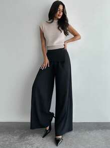 Firerie Pantalones envolventes negros sencillos y elegantes para mujer, de uso casual y para la oficina, de pierna ancha y suelta, adecuados para verano y otoño, con decoración de hebilla metálica en la cintura, para aeropuerto, vacaciones, profesora